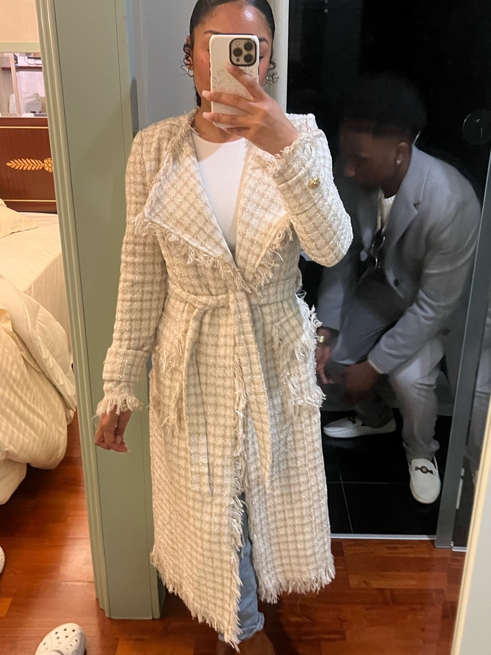 Fashion Nova Cream Tweed Trench Coat